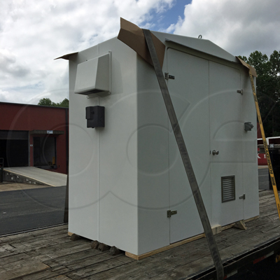 8 x 4 fiberglass equipment protection shelter manufactured by Openchannelflow