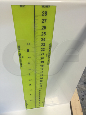 staff gauge in a fiberglass 9 inch Parshall flume in mgd flow and inch level units