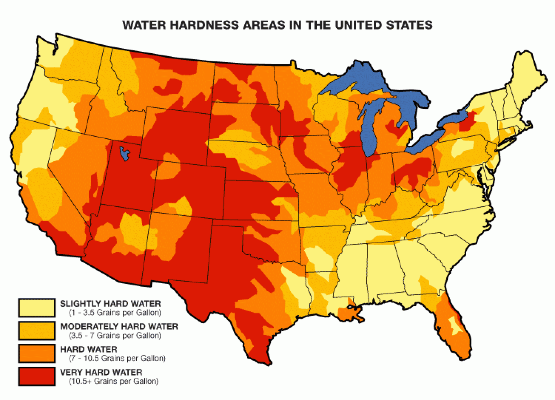 water hardness map for the United States to help determine lifespan of galvanized steel flumes