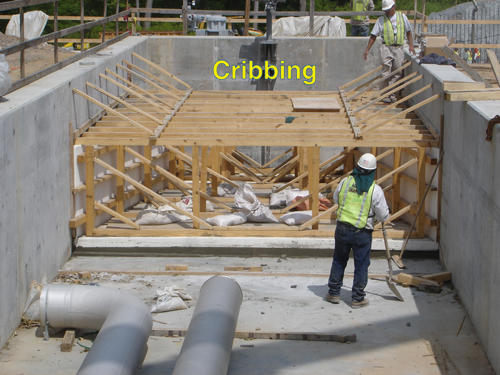 wooden cribbing in a large Parshall flume