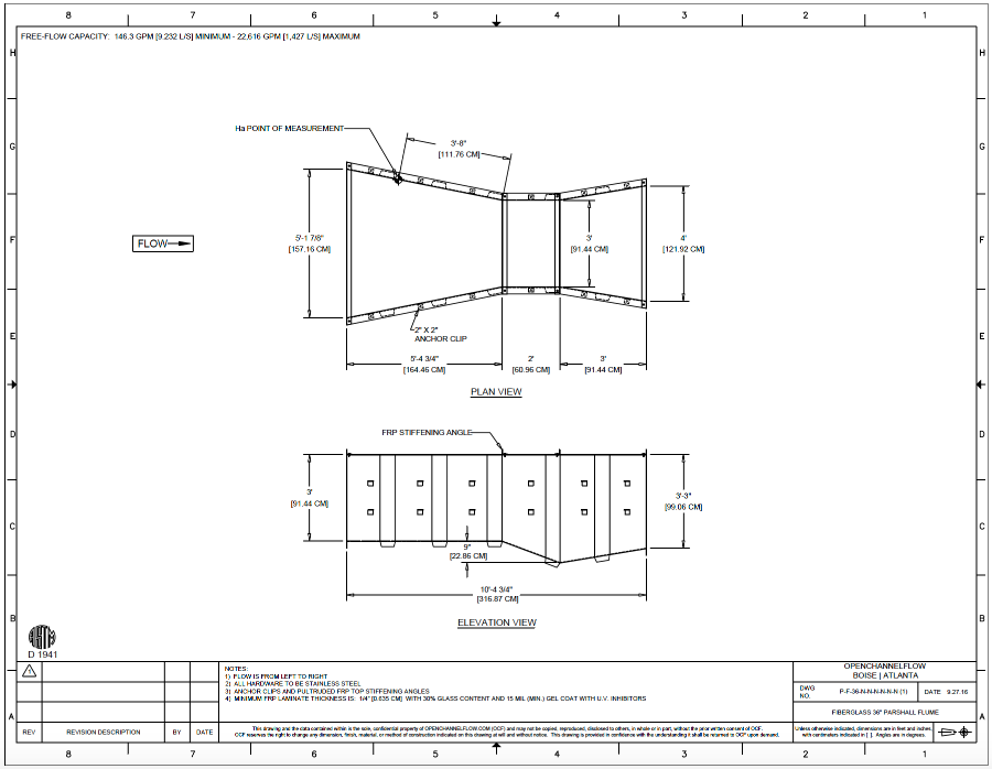 dimensional drawing of a fiberglass 36-inch Parshall flume