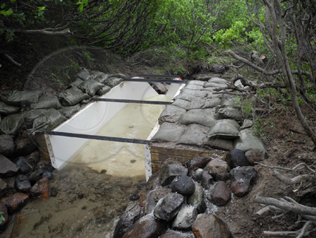 Fiberglass 2' H-Flume with Inlet Wing Walls measuring creek flow in Canada
