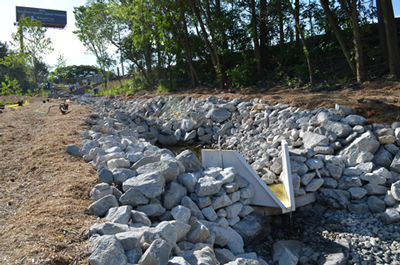 Fiberglass H flume mounted in rock line channel