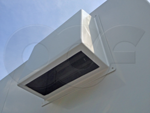 ventilation rain hood mounted on a fiberglass equipment shelter from Openchannelflow