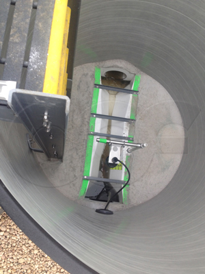 ultrasonic sensor mounting bracket in an Openchannelflow Packaged Metering Manhole with Teledyne ISCO ultrasonic sensor mounted