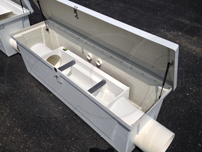 nested Palmer Bowlus flumes in an Openchannelflow Redstone 66 fiberglass enclosure