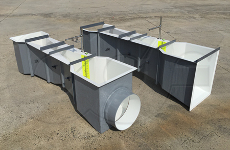 Parshall flume with standard pipe end adapters (L) and Parshall flume with open end adapters (R)