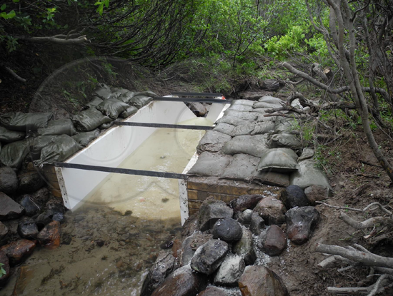 inlet of semi-permanent (temporary) installation of a fiberglass H Flume
