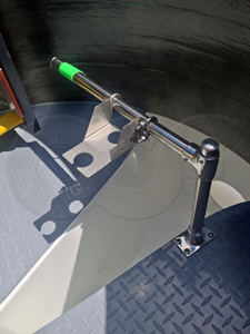 stainless steel mounting bracket for an ultrasonic transducer mounted in a packaged metering manhole over a Parshall flume