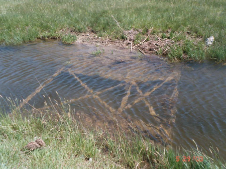 Flooded galvanized steel Parshall Flume - the flume was either set at the wrong elevation or it was severely undersized